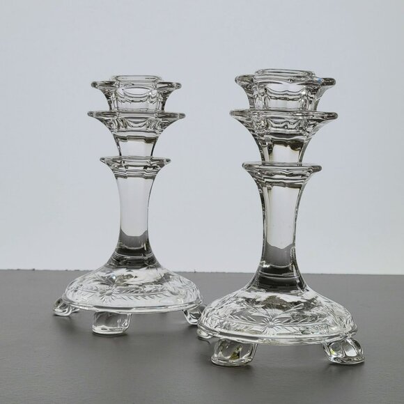 Vintage Fostoria 5" Candlestick Holder Set of 2, Florentine Clear Etched Floral - Picture 1 of 10